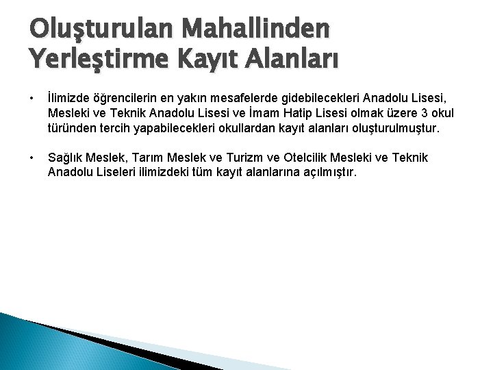 Oluşturulan Mahallinden Yerleştirme Kayıt Alanları • İlimizde öğrencilerin en yakın mesafelerde gidebilecekleri Anadolu Lisesi,