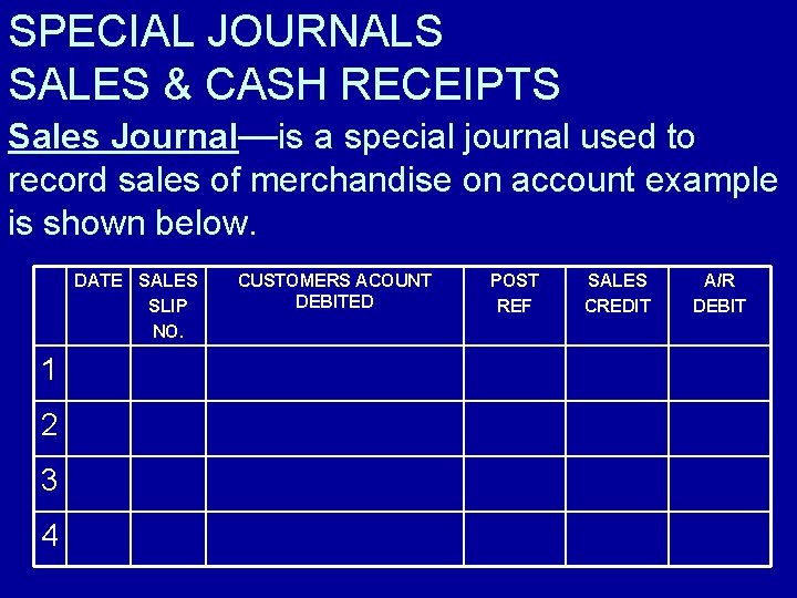 SPECIAL JOURNALS SALES & CASH RECEIPTS Sales Journal—is a special journal used to record