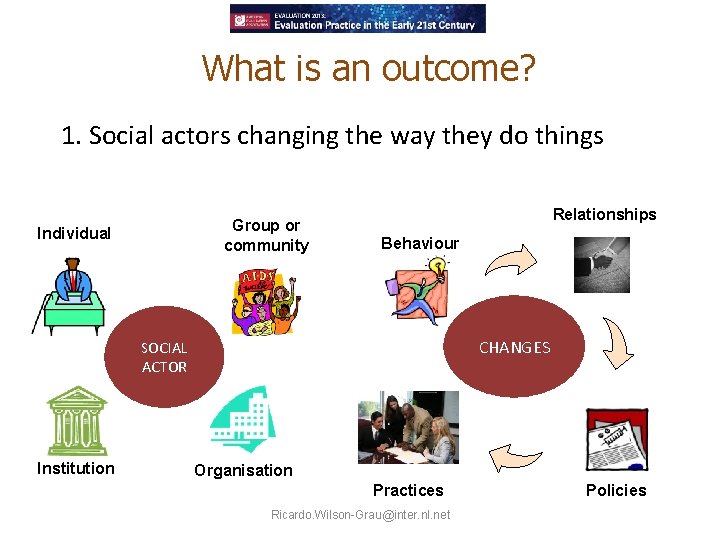 What is an outcome? 1. Social actors changing the way they do things Group