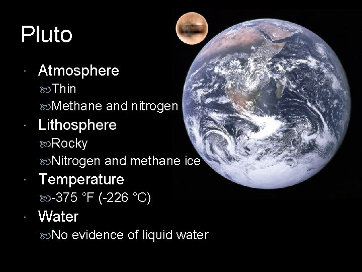 Pluto Atmosphere Thin Methane and nitrogen Lithosphere Rocky Nitrogen and methane ice Temperature -375