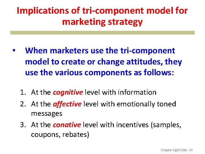 Implications of tri-component model for marketing strategy • When marketers use the tri-component model