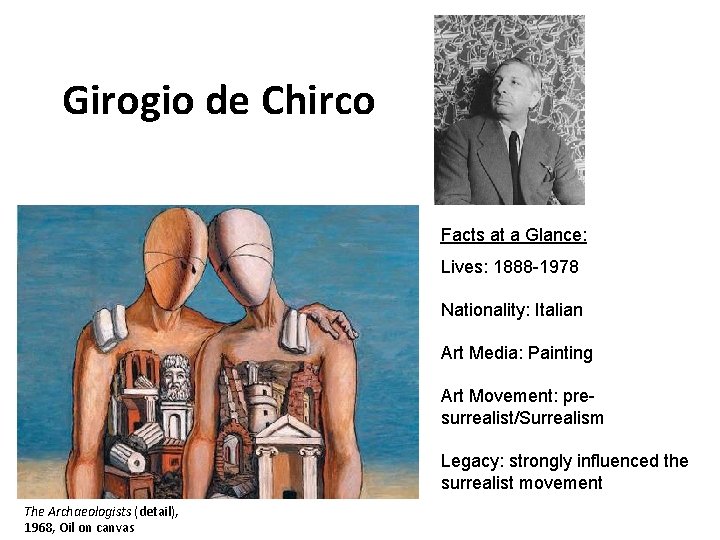 Girogio de Chirco Facts at a Glance: Lives: 1888 -1978 Nationality: Italian Art Media: