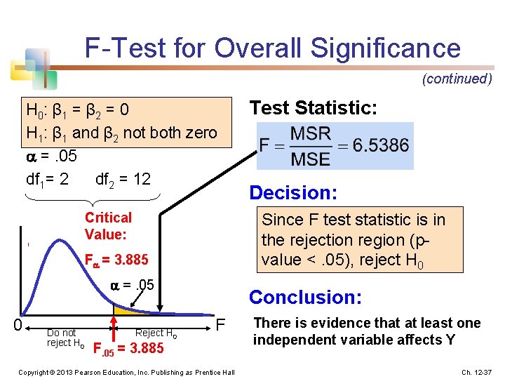 F-Test for Overall Significance (continued) H 0: β 1 = β 2 = 0