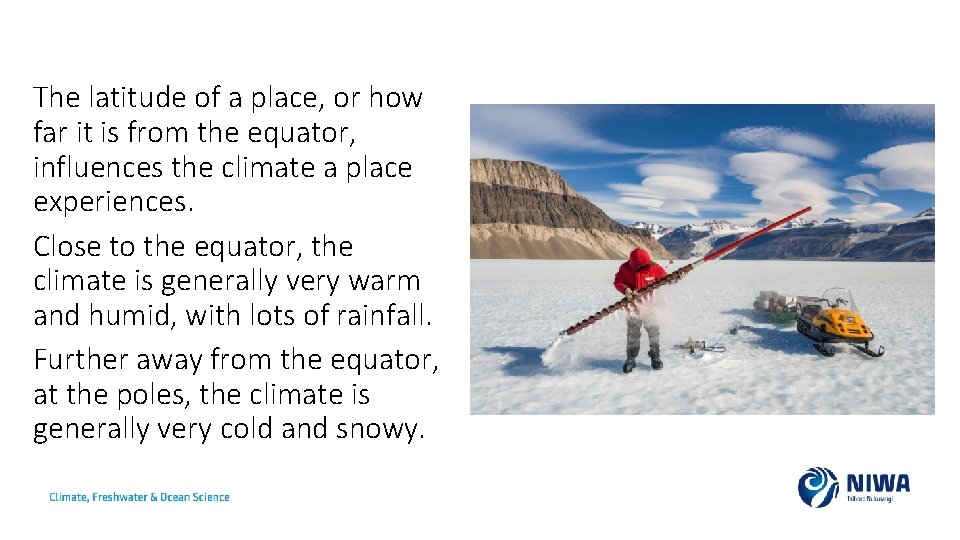 The latitude of a place, or how far it is from the equator, influences