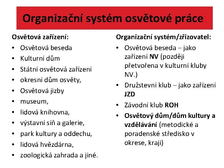 Organizační systém osvětové práce: Osvětová zařízení: • Osvětová beseda • Kulturní dům • Státní