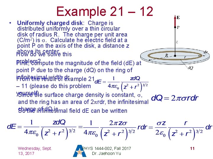 Example 21 – 12 • Uniformly charged disk: Charge is distributed uniformly over a