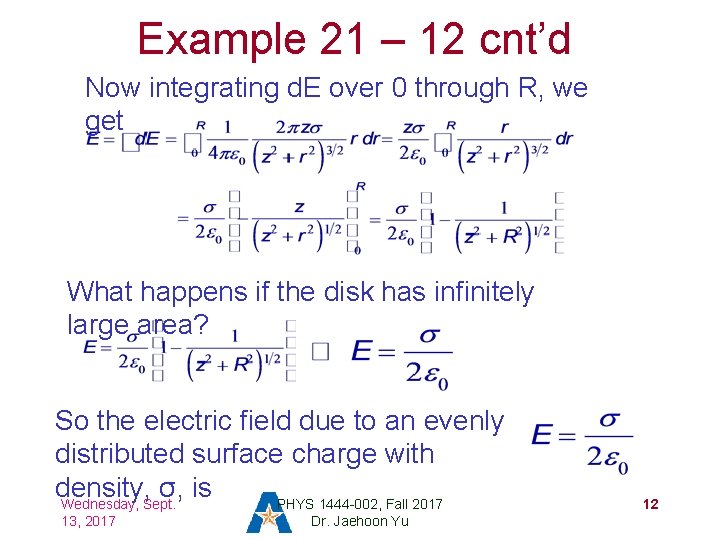 Example 21 – 12 cnt’d Now integrating d. E over 0 through R, we