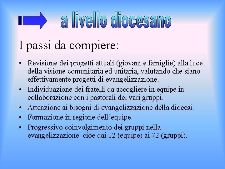 I passi da compiere: • Revisione dei progetti attuali (giovani e famiglie) alla luce I passi da compiere: • Revisione dei progetti attuali (giovani e famiglie) alla luce