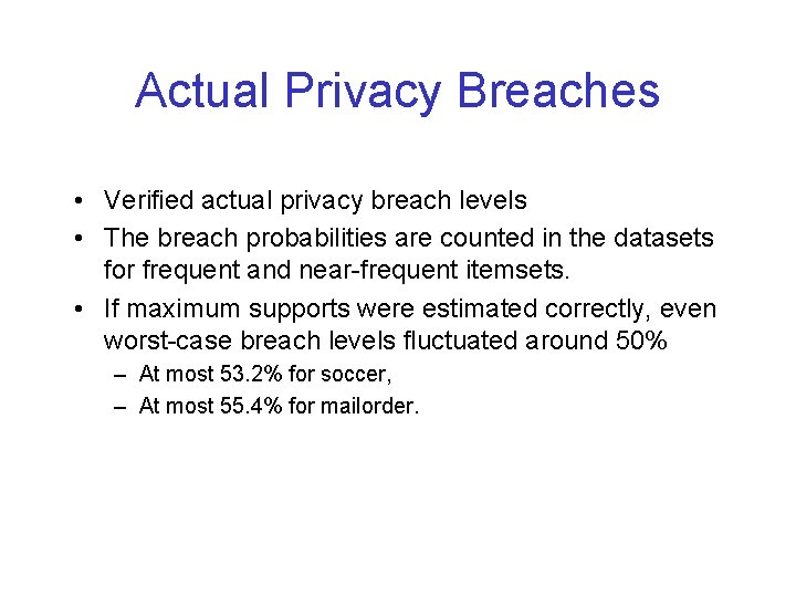 Actual Privacy Breaches • Verified actual privacy breach levels • The breach probabilities are