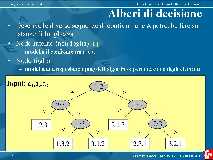 Algoritmi e strutture dati Camil Demetrescu, Irene Finocchi, Giuseppe F. Italiano Alberi di decisione