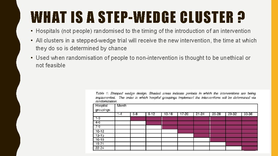 WHAT IS A STEP-WEDGE CLUSTER ? • Hospitals (not people) randomised to the timing