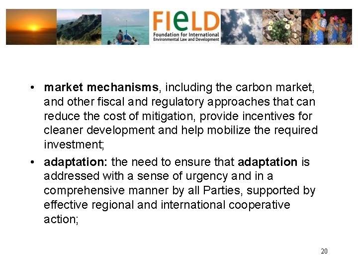  • market mechanisms, including the carbon market, and other fiscal and regulatory approaches