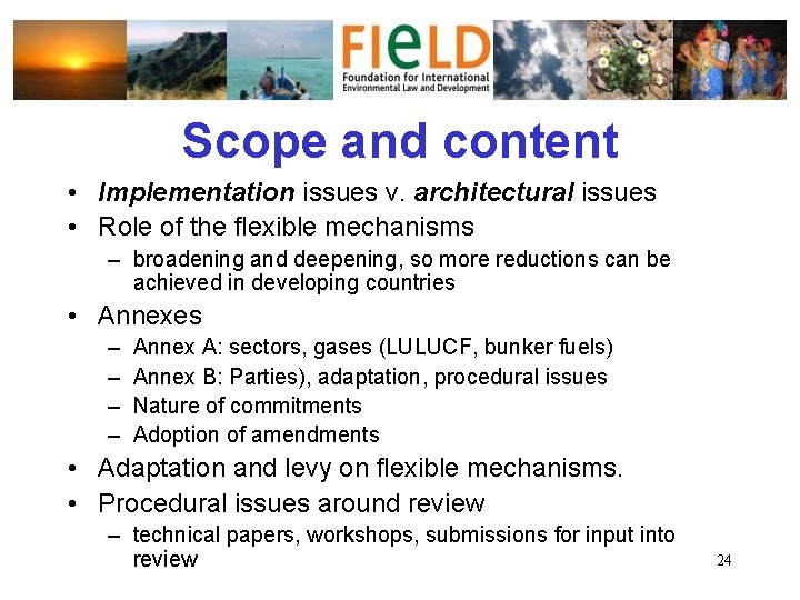 Scope and content • Implementation issues v. architectural issues • Role of the flexible