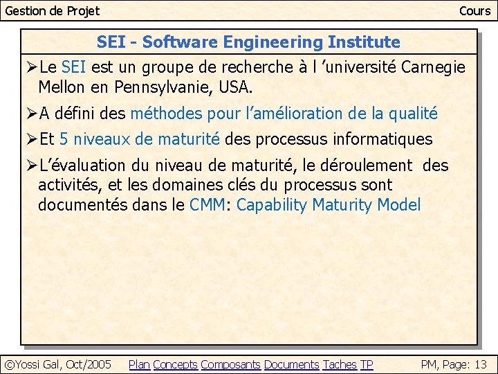 Gestion de Projet Cours SEI - Software Engineering Institute ØLe SEI est un groupe