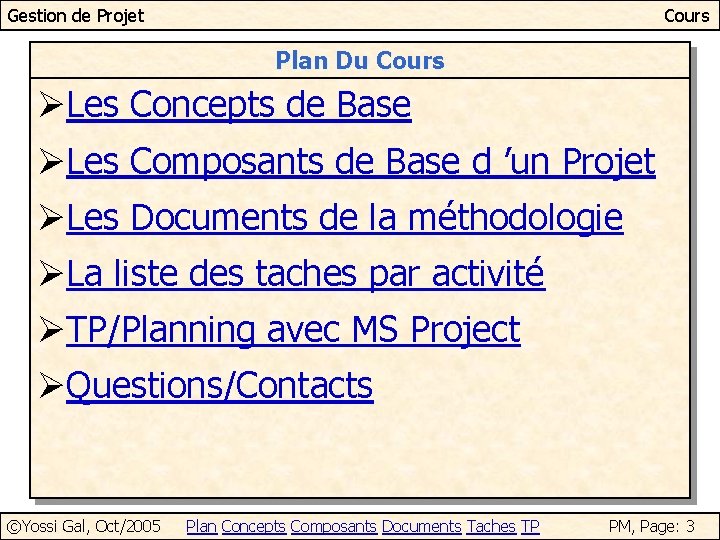 Gestion de Projet Cours Plan Du Cours ØLes Concepts de Base ØLes Composants de