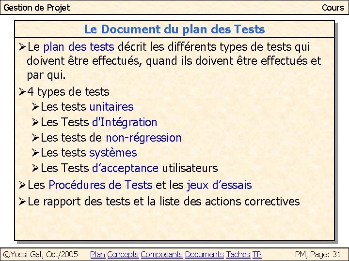Gestion de Projet Cours Le Document du plan des Tests ØLe plan des tests