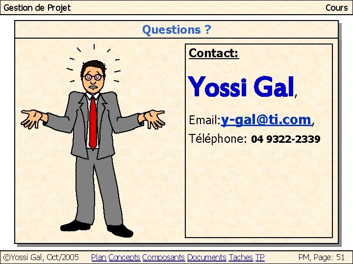 Gestion de Projet Cours Questions ? Contact: Yossi Gal , Email: y-gal@ti. com, Téléphone: