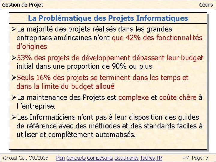 Gestion de Projet Cours La Problématique des Projets Informatiques ØLa majorité des projets réalisés