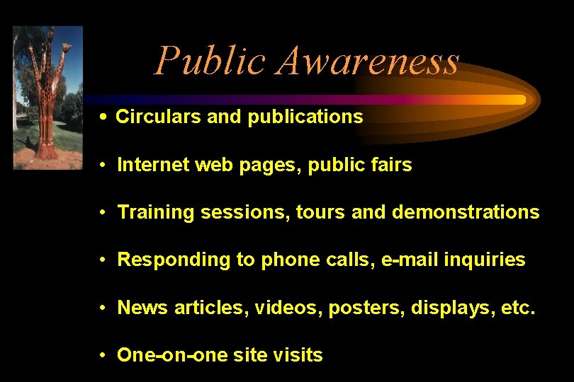 Public Awareness • Circulars and publications • Internet web pages, public fairs • Training