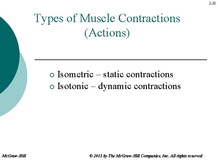 2 -20 Types of Muscle Contractions (Actions) Isometric – static contractions ¡ Isotonic –