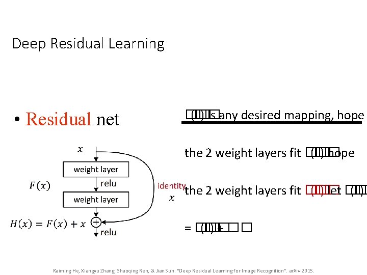 Deep Residual Learning • Residual net �� (�� ) is any desired mapping, hope Deep Residual Learning • Residual net �� (�� ) is any desired mapping, hope