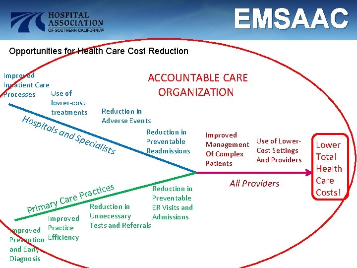 EMSAAC Opportunities for Health Care Cost Reduction ACCOUNTABLE CARE ORGANIZATION Improved Inpatient Care Use