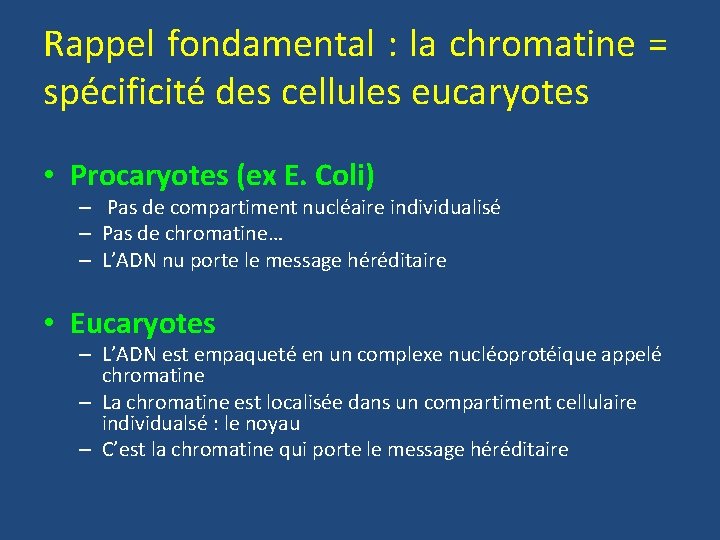 Rappel fondamental : la chromatine = spécificité des cellules eucaryotes • Procaryotes (ex E.