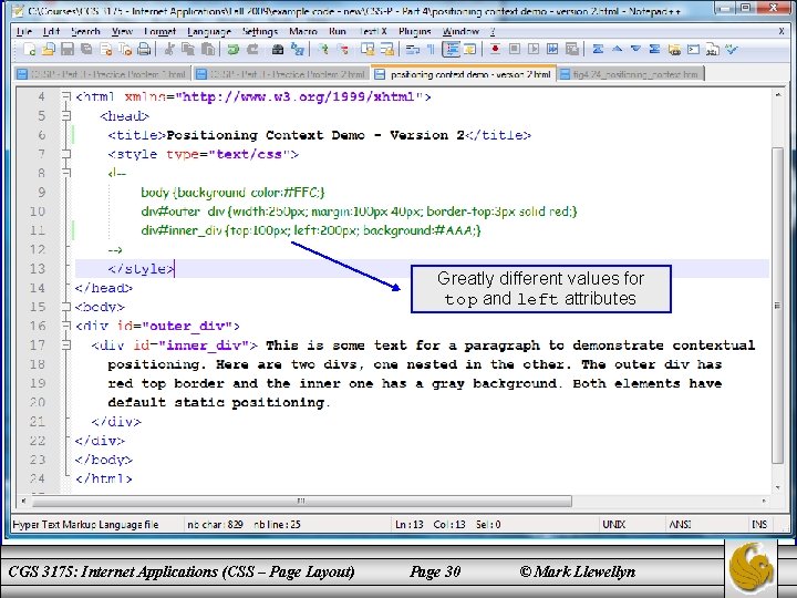 Greatly different values for top and left attributes CGS 3175: Internet Applications (CSS –