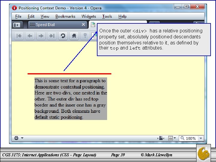 Once the outer <div> has a relative positioning property set, absolutely positioned descendants position