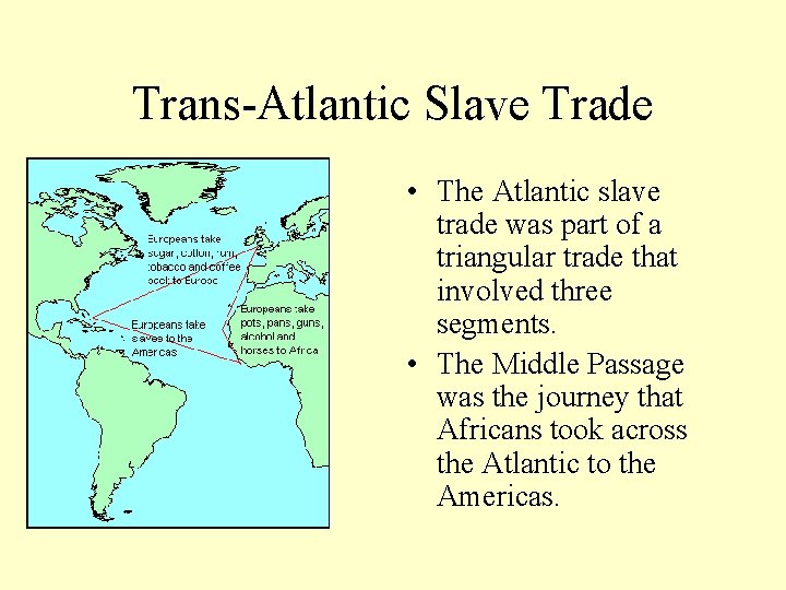 Trans-Atlantic Slave Trade • The Atlantic slave trade was part of a triangular trade