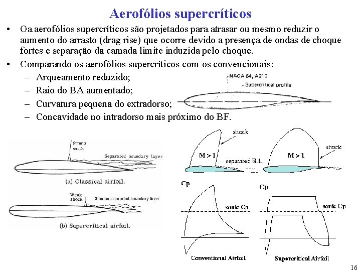 Aerofólios supercríticos • Oa aerofólios supercríticos são projetados para atrasar ou mesmo reduzir o