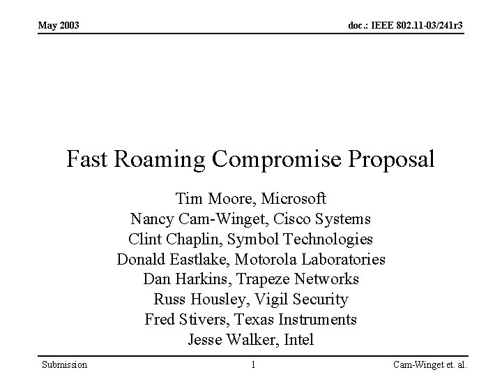 May 2003 doc. : IEEE 802. 11 -03/241 r 3 Fast Roaming Compromise Proposal