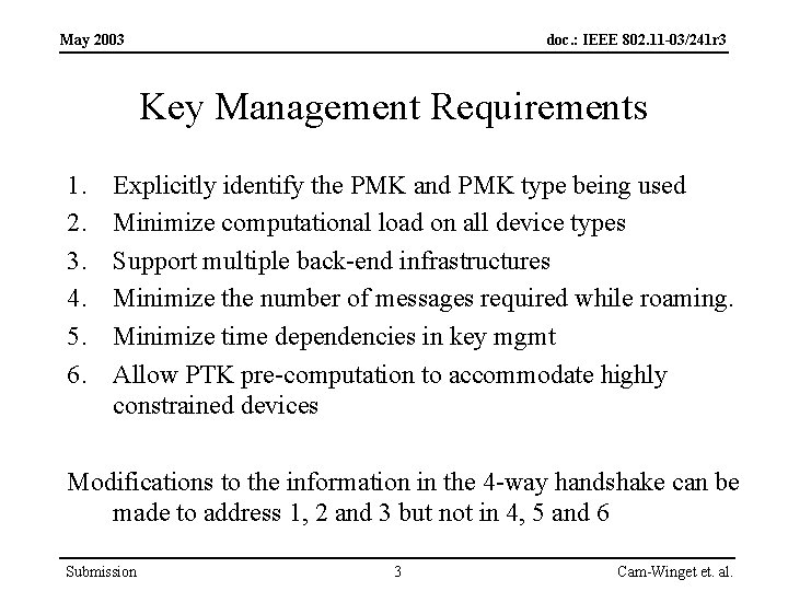 May 2003 doc. : IEEE 802. 11 -03/241 r 3 Key Management Requirements 1.