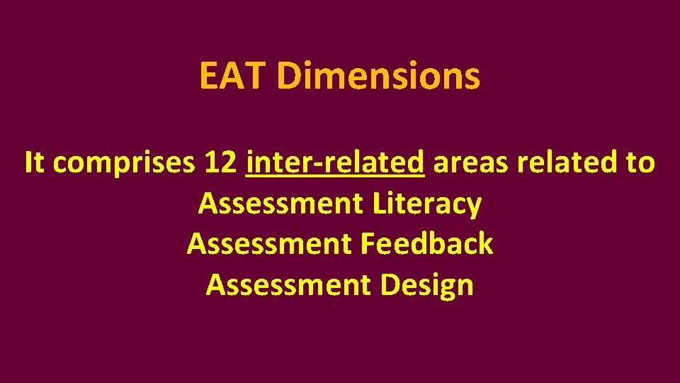 EAT Dimensions It comprises 12 inter-related areas related to Assessment Literacy Assessment Feedback Assessment