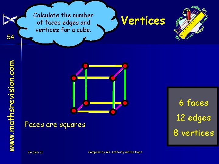 Calculate the number of faces edges and vertices for a cube. Face Edges and