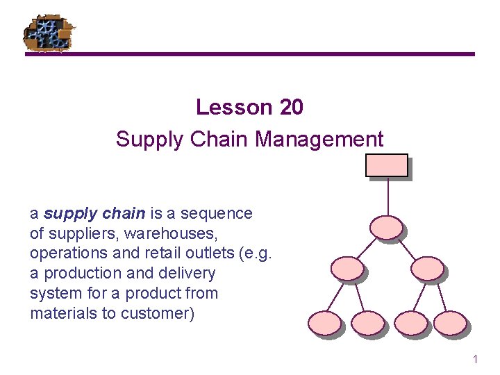 Lesson 20 Supply Chain Management a supply chain is a sequence of suppliers, warehouses,