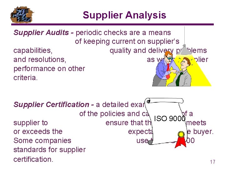 Supplier Analysis Supplier Audits - periodic checks are a means of keeping current on