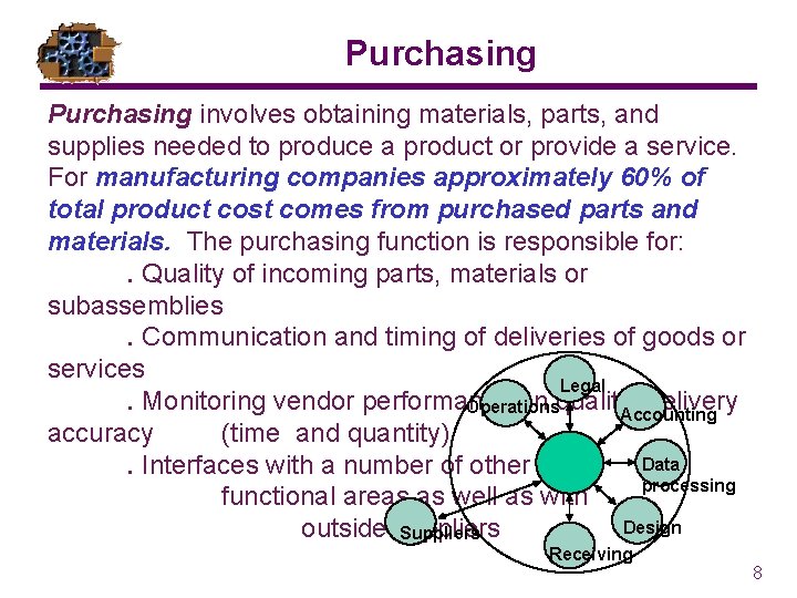 Purchasing involves obtaining materials, parts, and supplies needed to produce a product or provide