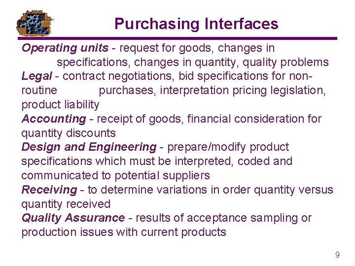 Purchasing Interfaces Operating units - request for goods, changes in specifications, changes in quantity,