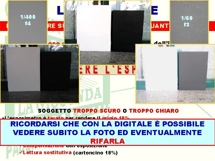 L’ESPOSIZIONE 1/400 f 4 1/60 f 3 LUCE FAR ARRIVARE SUL SENSORE LA GIUSTA