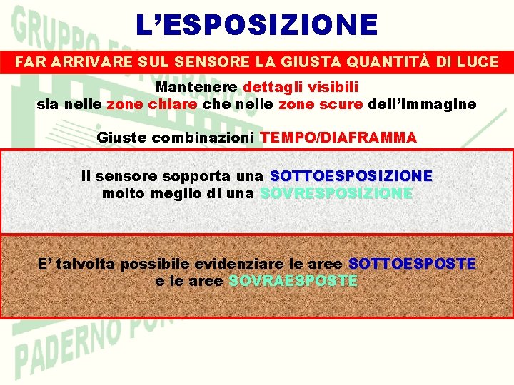 L’ESPOSIZIONE FAR ARRIVARE SUL SENSORE LA GIUSTA QUANTITÀ DI LUCE Mantenere dettagli visibili sia