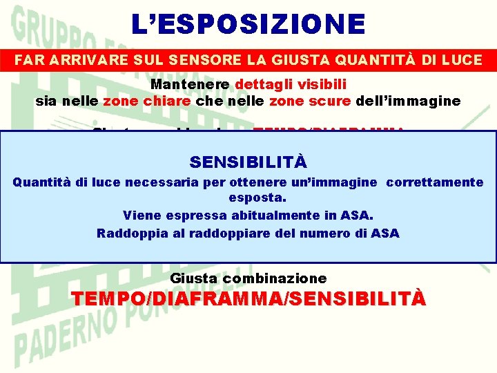 L’ESPOSIZIONE FAR ARRIVARE SUL SENSORE LA GIUSTA QUANTITÀ DI LUCE Mantenere dettagli visibili sia