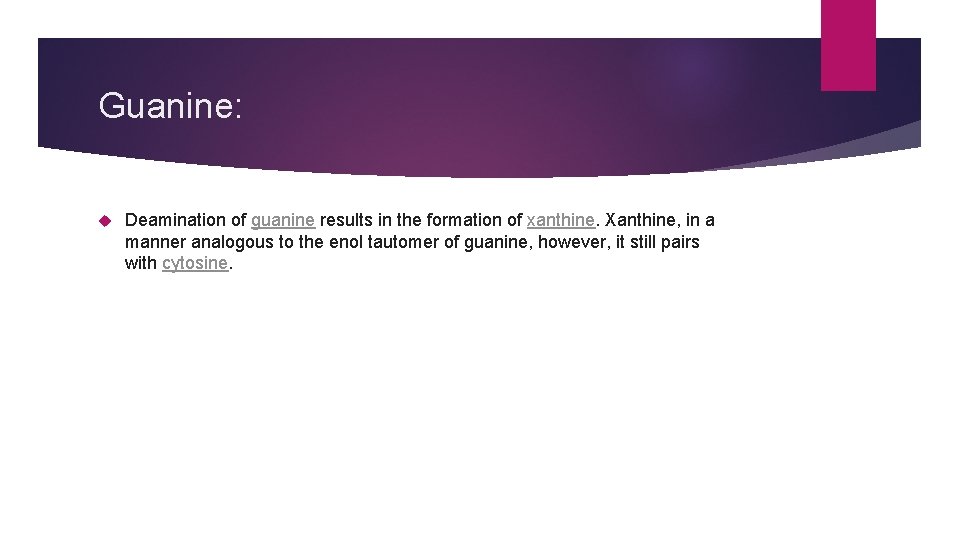 Guanine: Deamination of guanine results in the formation of xanthine. Xanthine, in a manner