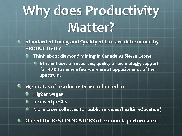 Why does Productivity Matter? Standard of Living and Quality of Life are determined by