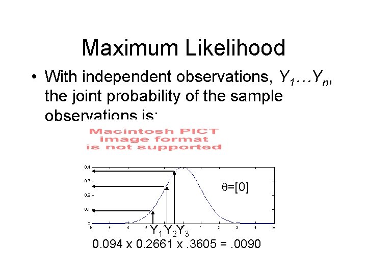 Maximum Likelihood • With independent observations, Y 1…Yn, the joint probability of the sample
