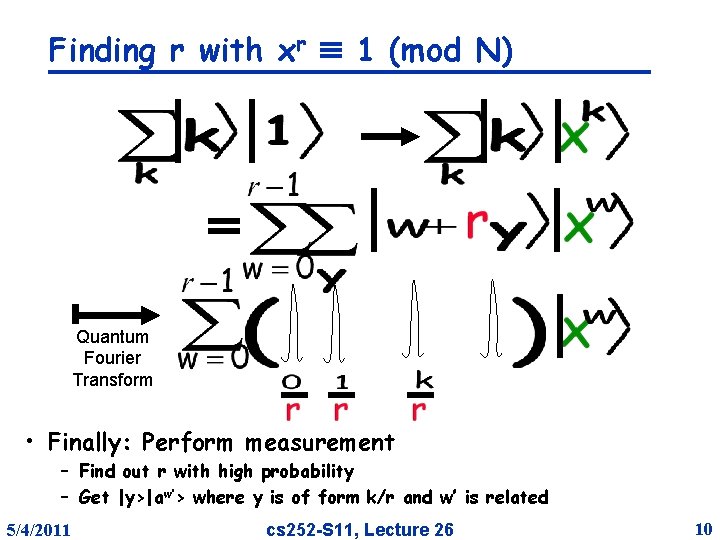 Finding r with xr 1 (mod N) Quantum Fourier Transform • Finally: Perform measurement
