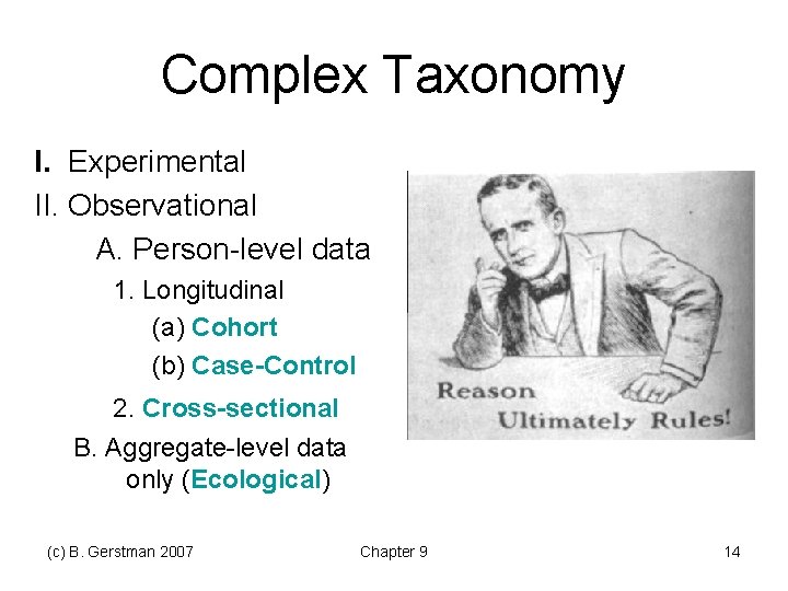 Complex Taxonomy I. Experimental II. Observational A. Person-level data 1. Longitudinal (a) Cohort (b) Complex Taxonomy I. Experimental II. Observational A. Person-level data 1. Longitudinal (a) Cohort (b)