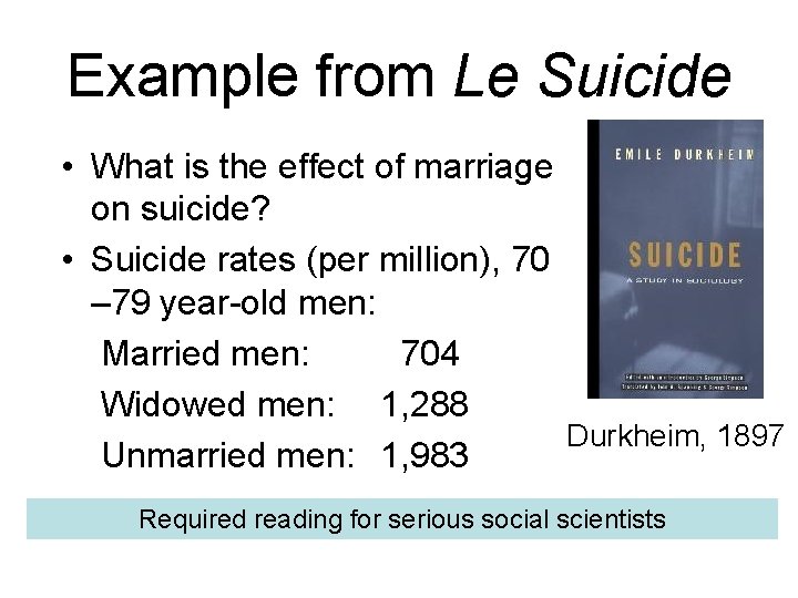 Example from Le Suicide • What is the effect of marriage on suicide? • Example from Le Suicide • What is the effect of marriage on suicide? •