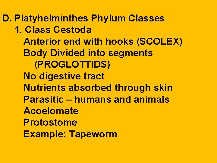 D. Platyhelminthes Phylum Classes 1. Class Cestoda Anterior end with hooks (SCOLEX) Body Divided D. Platyhelminthes Phylum Classes 1. Class Cestoda Anterior end with hooks (SCOLEX) Body Divided
