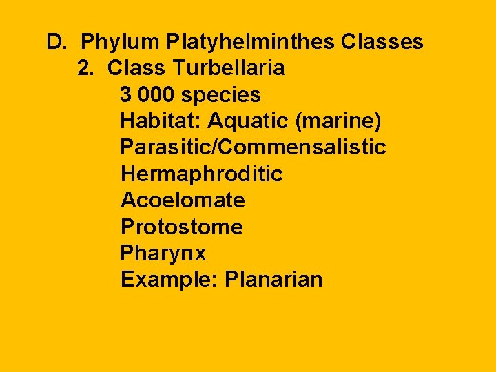 D. Phylum Platyhelminthes Classes 2. Class Turbellaria 3 000 species Habitat: Aquatic (marine) Parasitic/Commensalistic D. Phylum Platyhelminthes Classes 2. Class Turbellaria 3 000 species Habitat: Aquatic (marine) Parasitic/Commensalistic